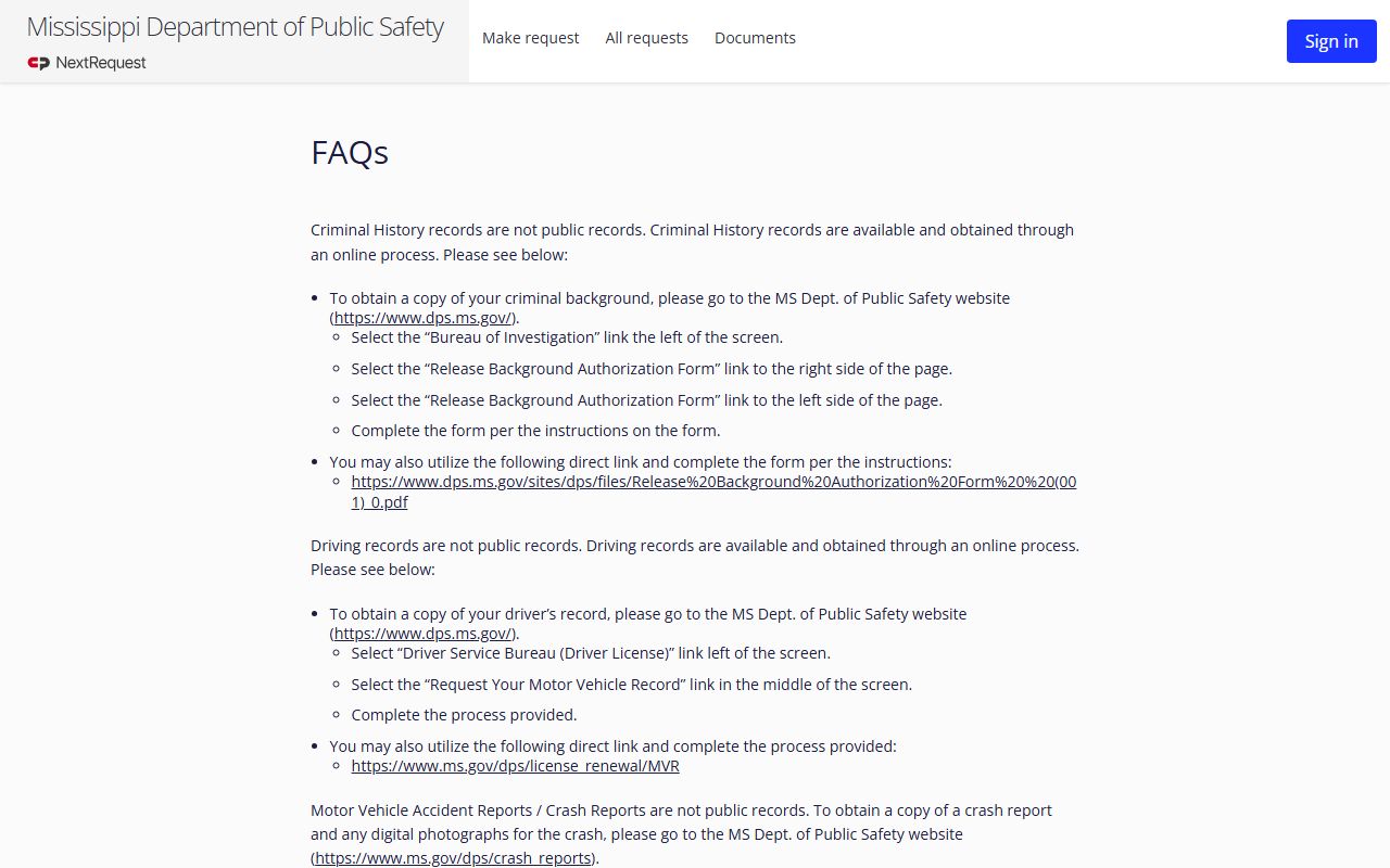 Mississippi DPS public records FAQ used for Chickasaw County clerk record requests