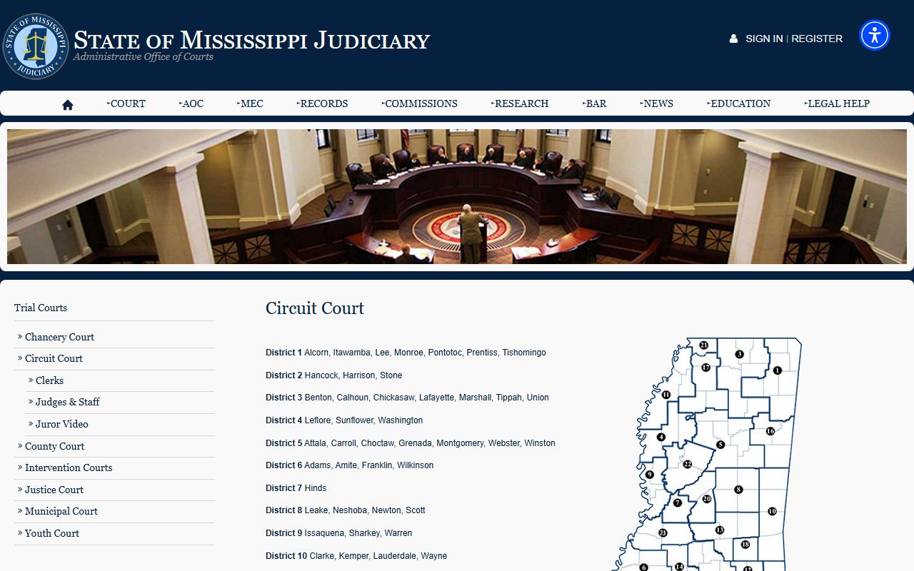 Mississippi Circuit Court page describing Chickasaw County Circuit Clerk court records