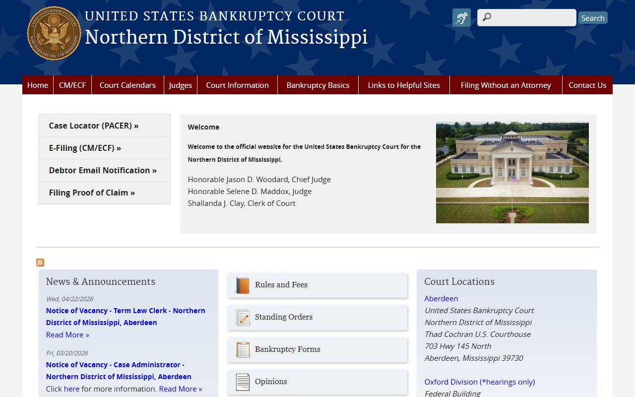 Chickasaw County court dockets U.S. Bankruptcy Court Northern District