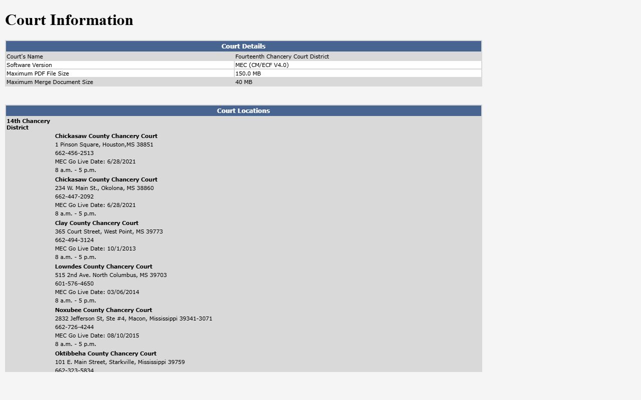 Chickasaw County court records on the Fourteenth Chancery District MEC court information page