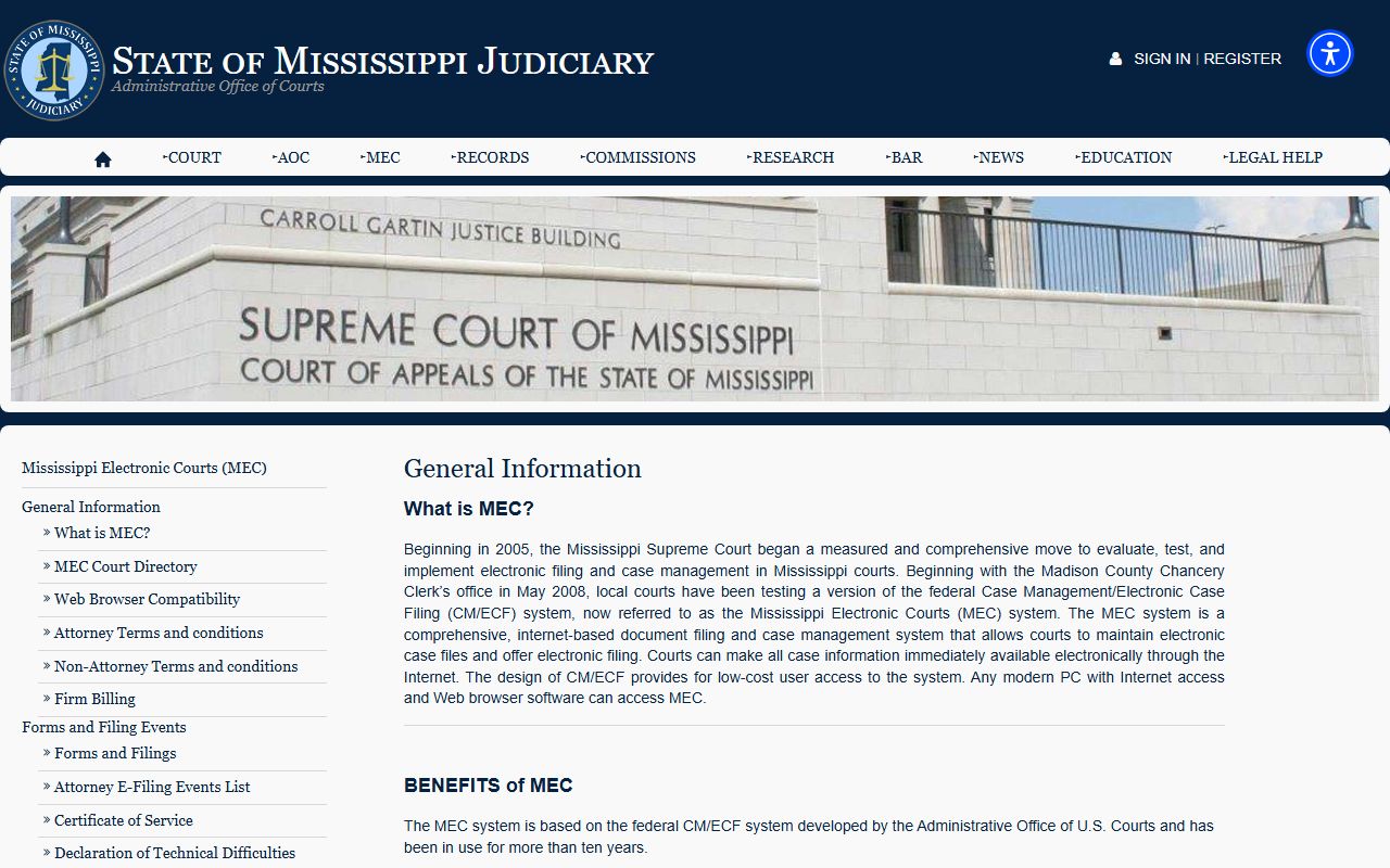 Chickasaw County court records public access notes on the MEC general information page