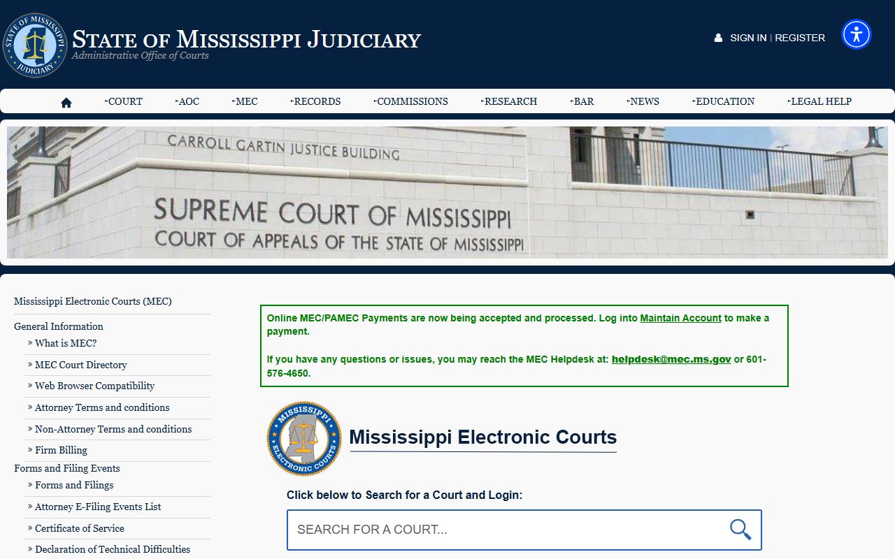 Chickasaw County court records access through the Mississippi Electronic Courts system
