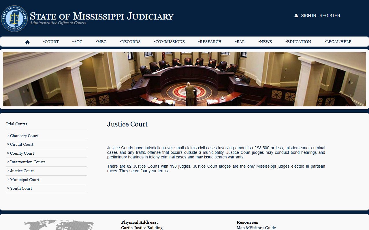 Chickasaw County Circuit Court and Mississippi Justice Court lower jurisdiction