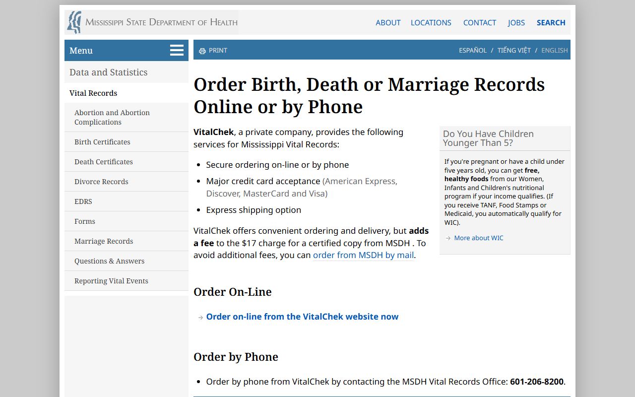 Chickasaw County marriage records online ordering through MSDH VitalChek