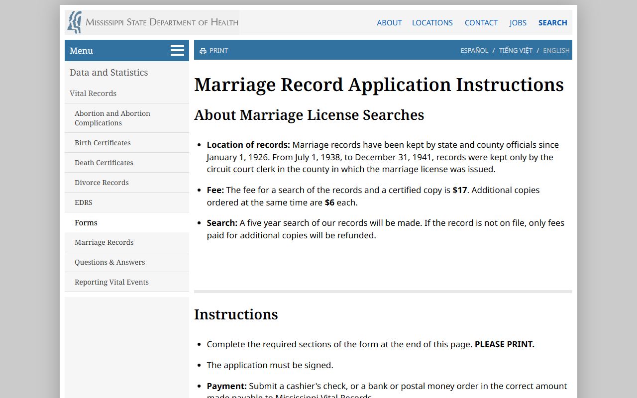 Chickasaw County marriage records dates and copy fees from MSDH