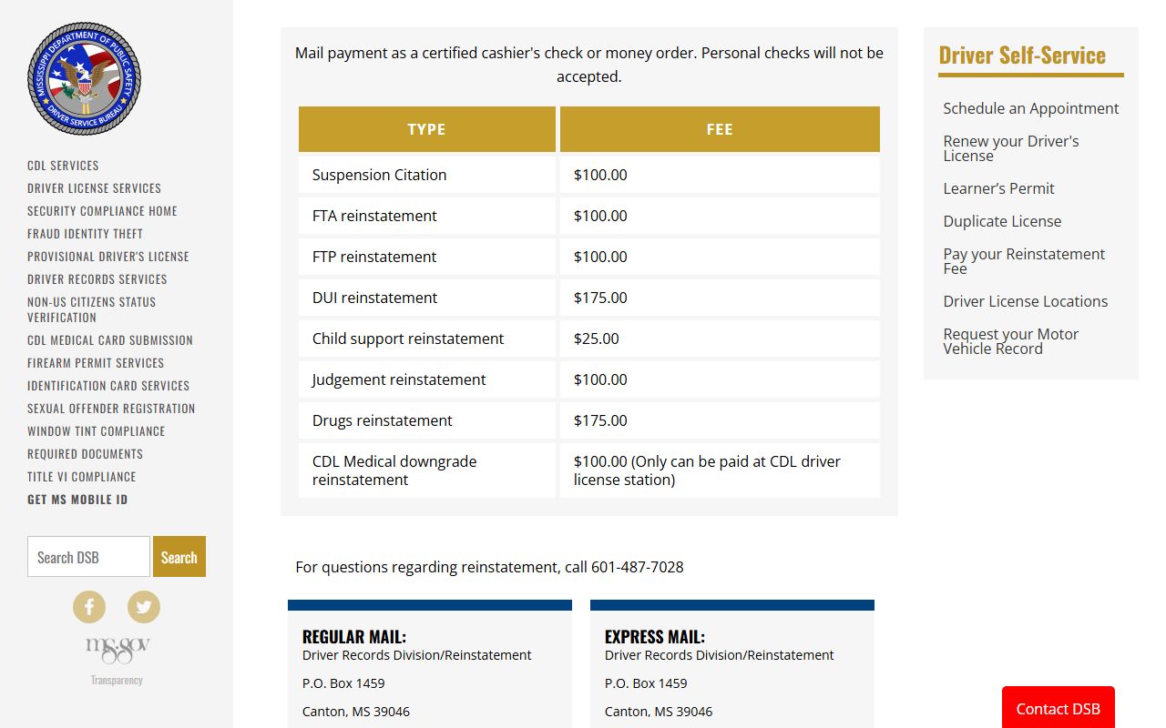 Chickasaw County traffic license reinstatement information from Mississippi DPS