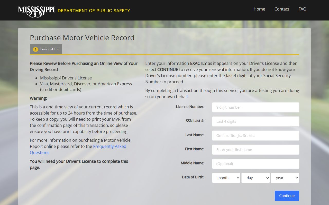 Chickasaw County traffic driver looking up a Mississippi state driver record online